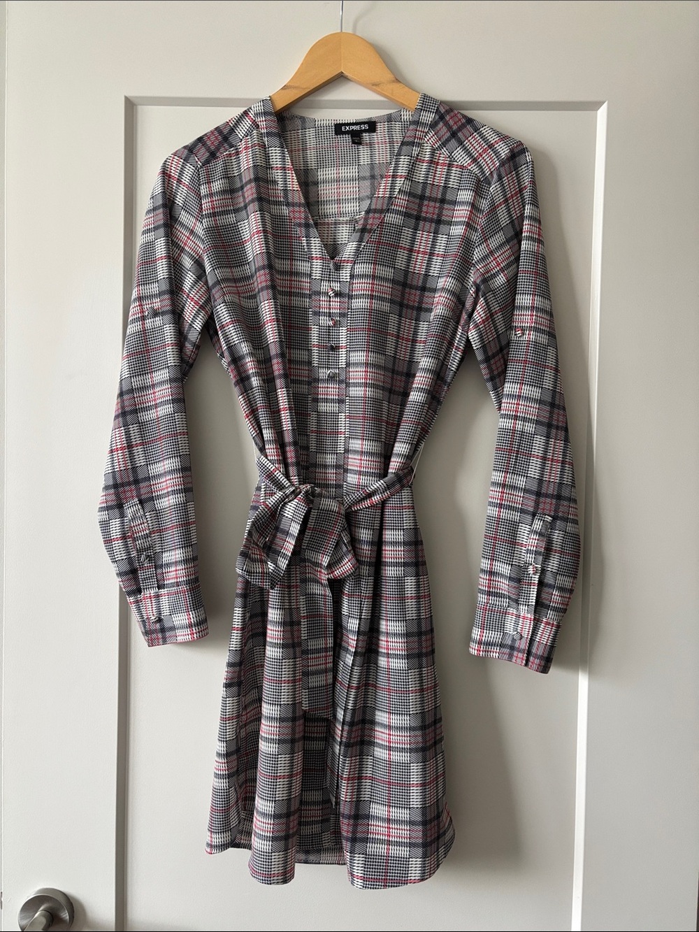 Express Plaid Tie-Waist Long Sleeve Dress